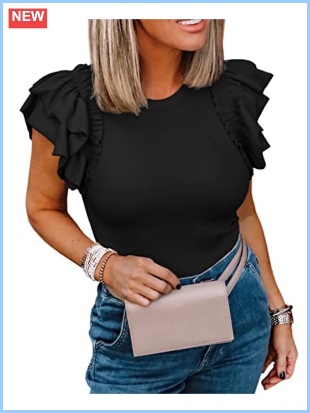 Women's Ruffle Short Sleeve Slim Fit High Neck Ribbed Knit Top